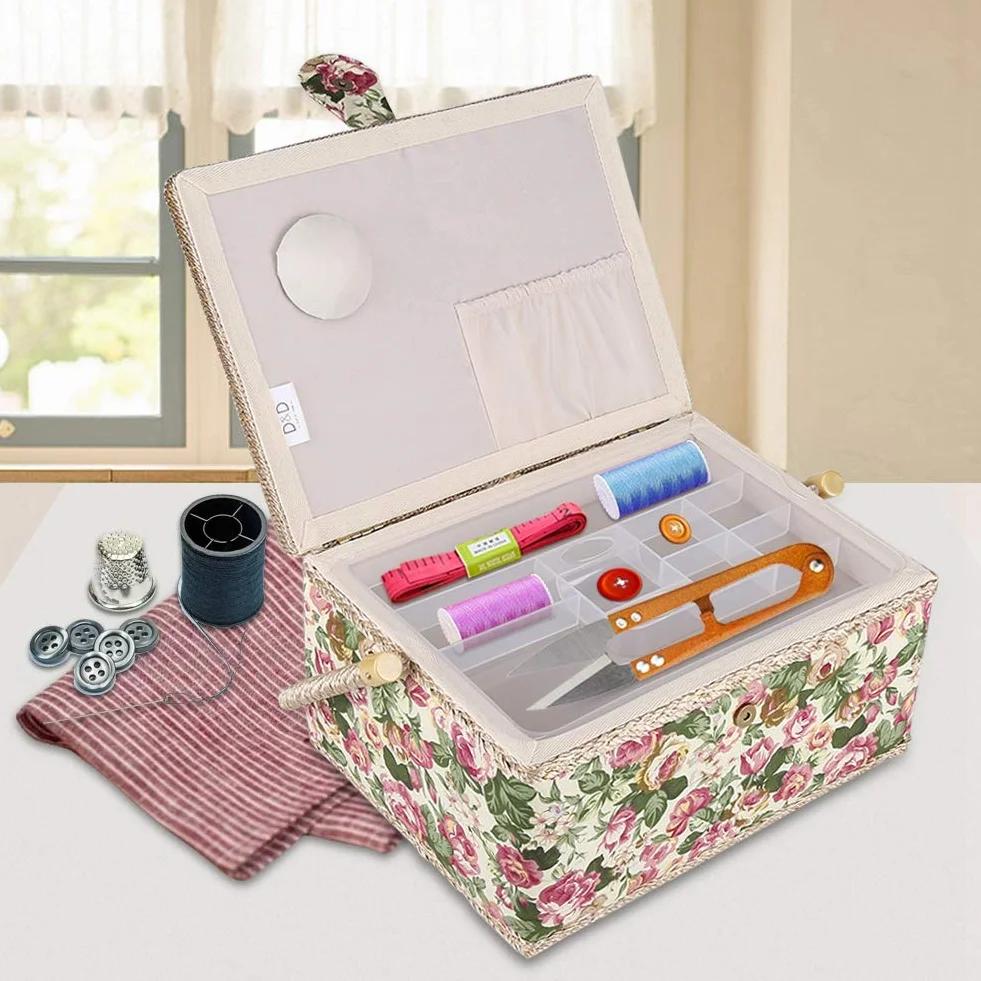 FLEXMAN Cestino da Cucito Grande, Scatola Portaoggetti per Kit da Cucito con Stampa Floreale in Tessuto, Organizer per Scatola da Cucito con Manico Ergonomico per Piccoli Articoli