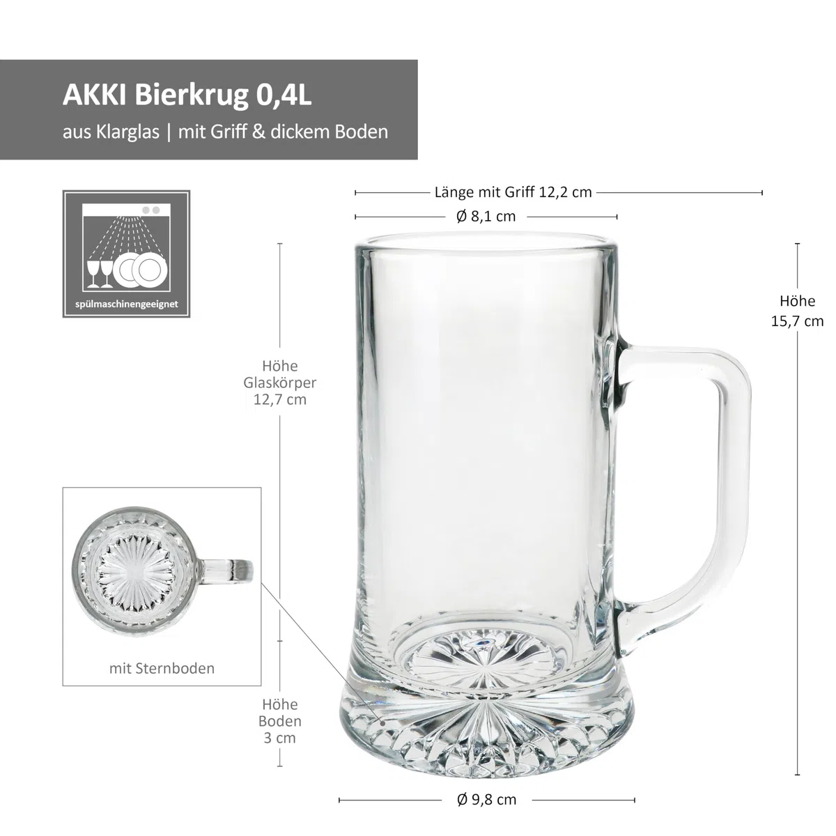 MamboCat Akki - Set di 12 boccali da birra da 0,4 l, altezza 15,7 cm, per 12 persone, in vetro con fondo a stella e manico, bicchieri da birra trasparenti da 400 ml, per feste