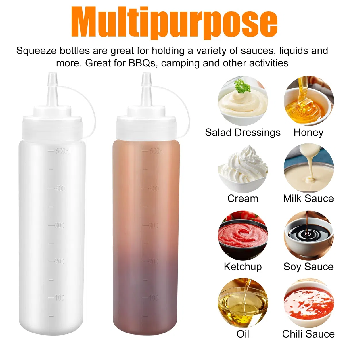 3 Pezzi Bottiglia Squeeze di Plastica,500ml Biberon Cucina,Trasparente Condimento Dispenser,a Prova di Perdite e Senza BPA,Contenitore Oliera Plastica,Bottiglia per Squeeze con Tappi per Ketchup,Salse