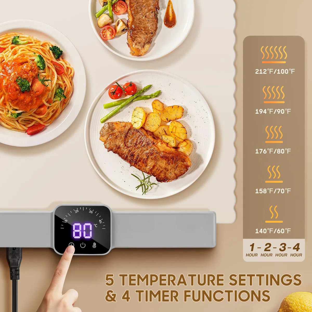 DoubleCare Tappetino riscaldante in silicone per alimenti, vassoio riscaldante elettrico arrotolabile con 5 impostazioni di temperatura e timer di 4 ore, tappetino riscaldante rapido portatile per