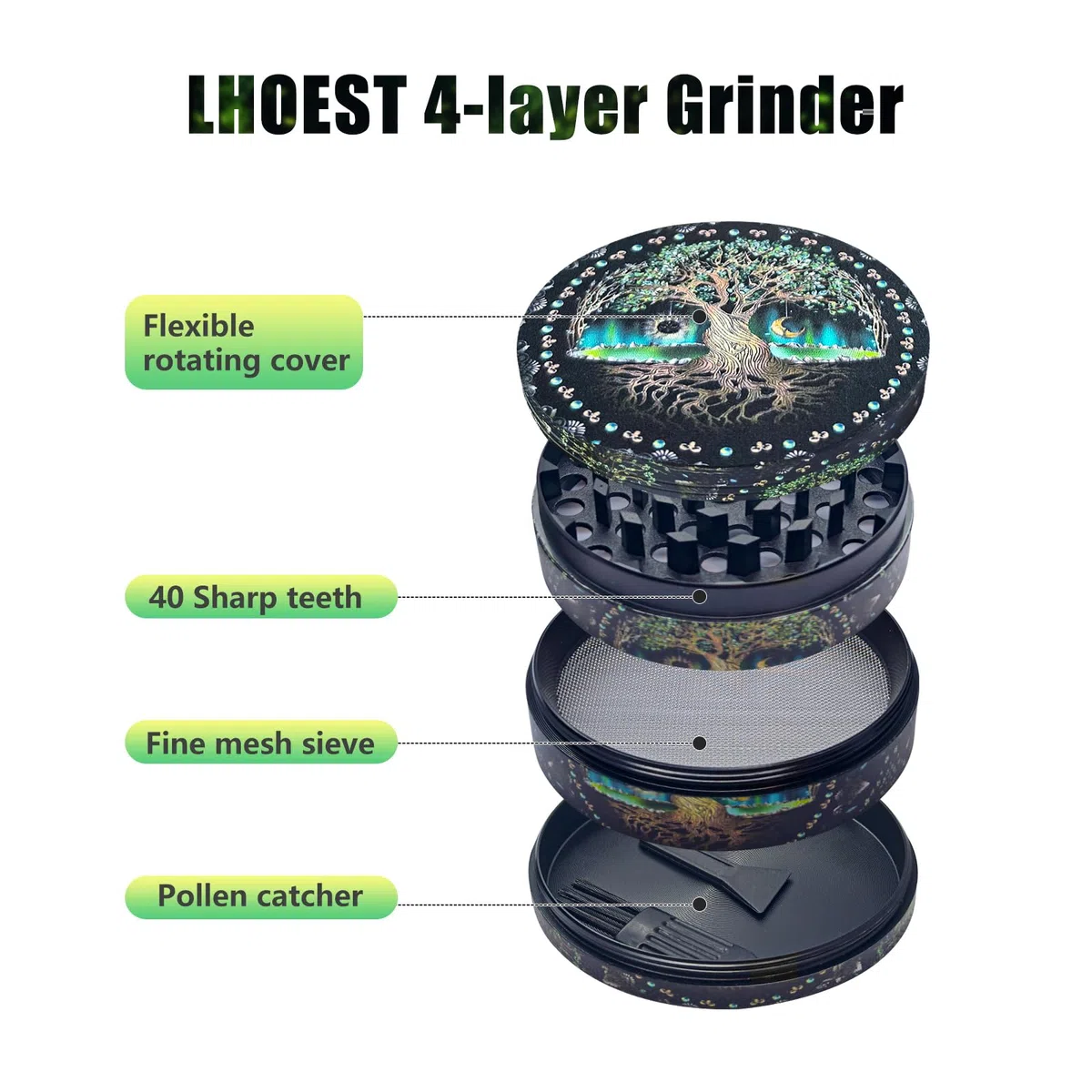 Grande Grinder 63 MM Macinaspezie Manuale Metallo Grinder con 40 Denti Macinaspezie 4 Strati Grinder Albero Progetto con Raschietto e Spazzola in Plastica per Spezie Cucina