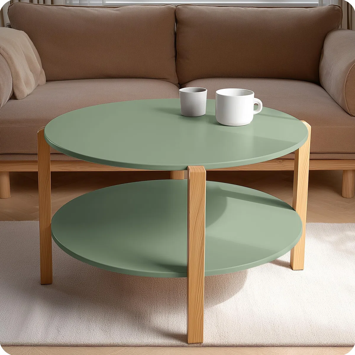 Tavolino Salotto Moderno Rotondo Ø 75 cm, Tavolino da Caffè con Ripiano, Gambe in Legno di Faggio, Tavolo Design Scandinavo per Soggiorno e Ufficio, Coffee Table Verde Oliva