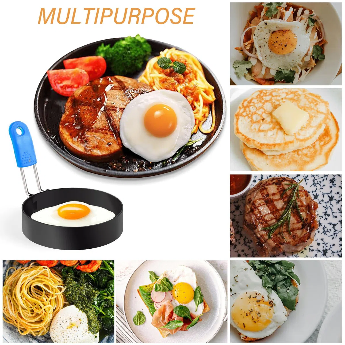 4 anelli per uova per friggere, in acciaio inox, con manico pieghevole anti-scottatura, antiaderenti, per cucina domestica, cucina, friggere, colazione, mini hamburger