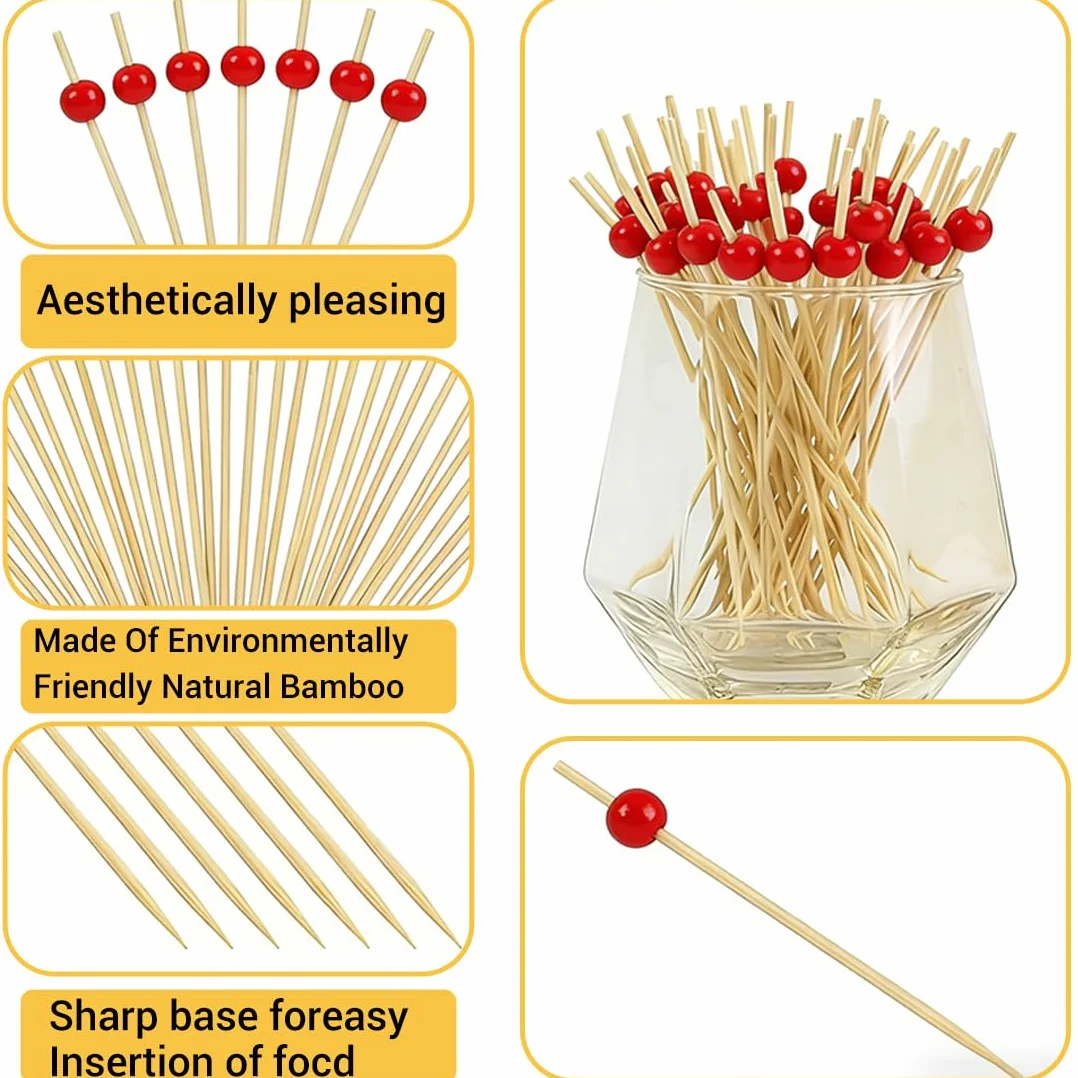 12cm stuzzicadenti cocktail, 100 pezzi, bastoncini da cocktail legno, con perline rosse, stecchini per aperitivo,stuzzicadenti decorativi,per bar,feste di carnevale,feste decorativi