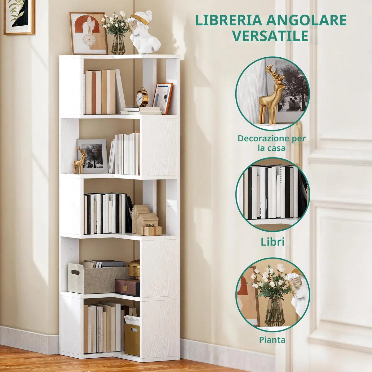 YITAHOME Libreria, scaffale angolare a 6 ripiani, scaffale a forma di L, libreria da pavimento, scaffale da esposizione per soggiorno, camera da letto, casa, ufficio, studio, 50 x 39 x 150 cm, bianco