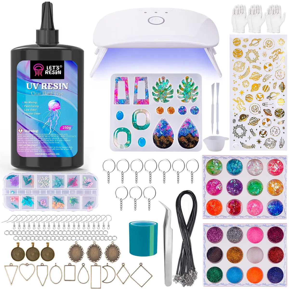 LET'S RESIN Kit per la creazione di gioielli in resina UV con lampada, 153 pezzi, con 250 g di resina UV trasparente a basso odore, kit iniziale per portachiavi, gioielli, decorazioni per la casa