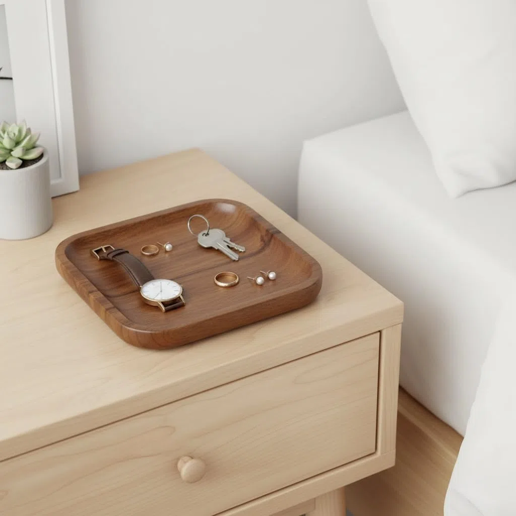 Vassoio in Legno di Acacia – Design Elegante, Multiuso per Casa, Cucina, Bagno e Ufficio – Ideale come Organizer, Svuotatasche o Vassoio da Servizio (15x15cm)