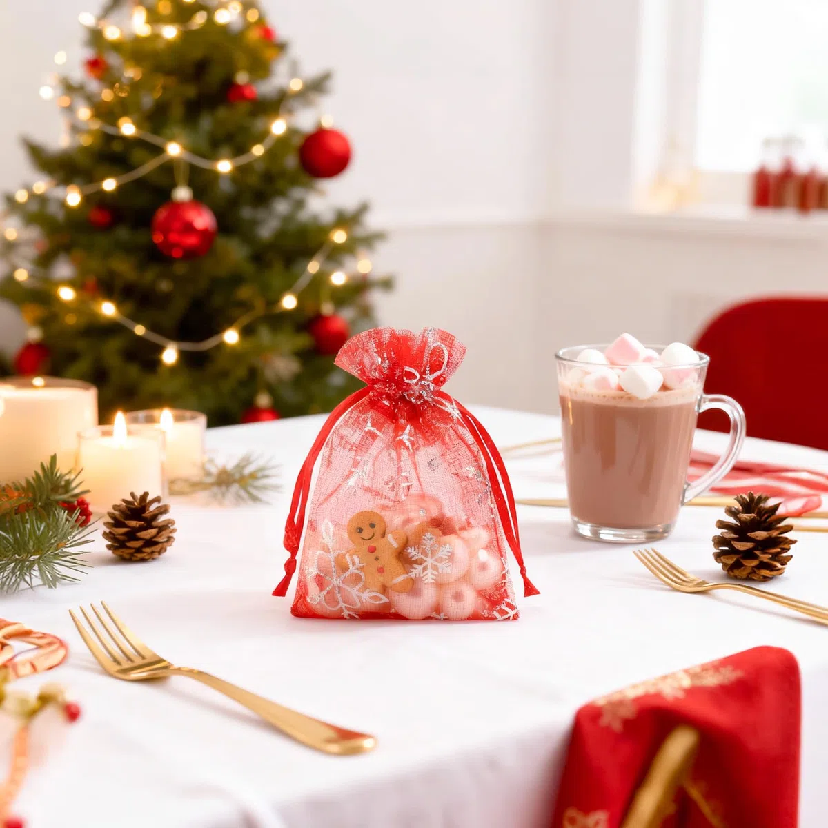 G2PLUS Sacchetti in organza rossa, 7 x 9 cm, con fiocco di neve, piccoli sacchetti regalo di Natale, 100 sacchetti per bomboniere per Natale, compleanno, matrimonio, anniversario