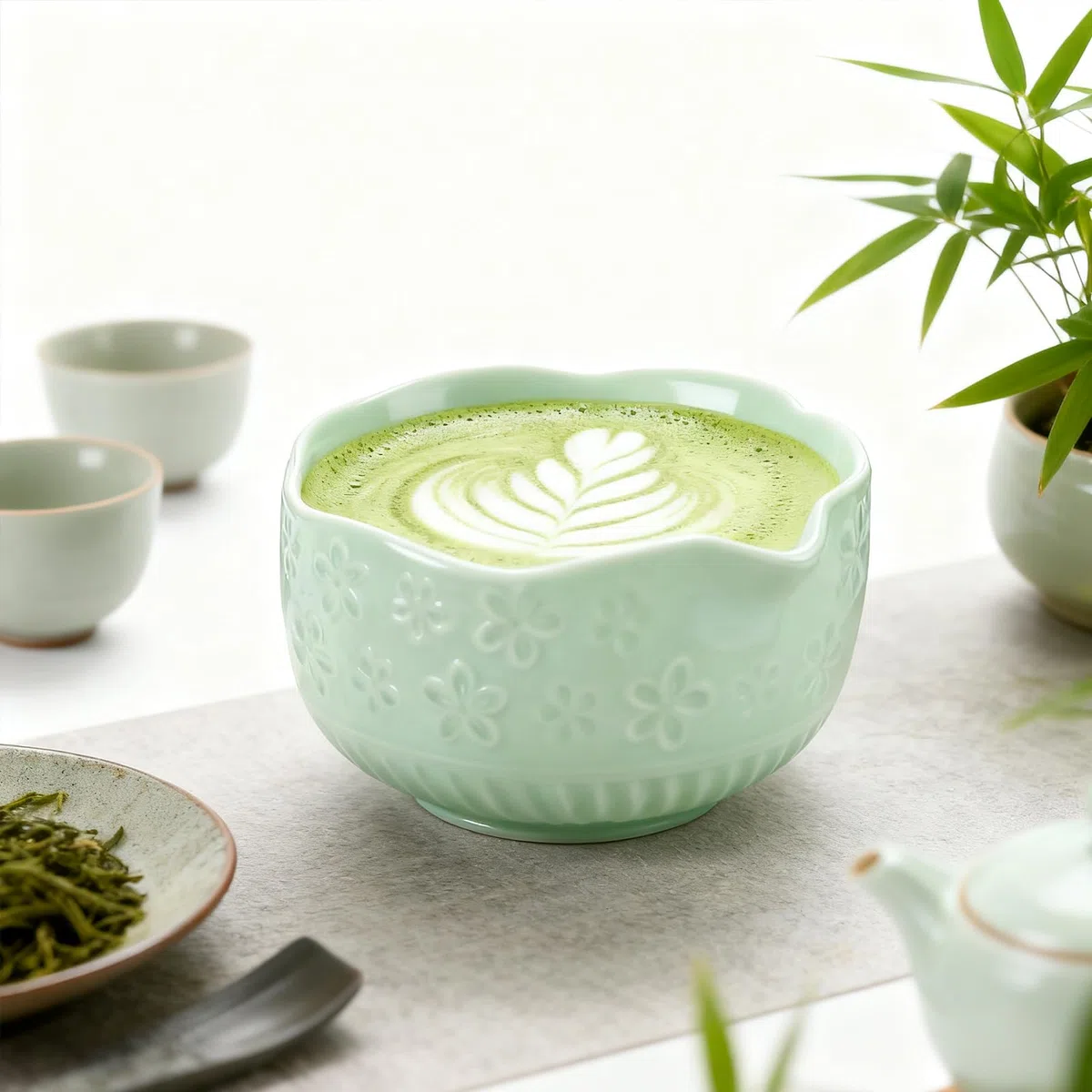 9PCS Matcha Tea Set, Matcha Set Grün, Matcha Tea Set with Whisk and Bowl, Ceramic Matcha Bowl with Spout Und Luffa (Green)