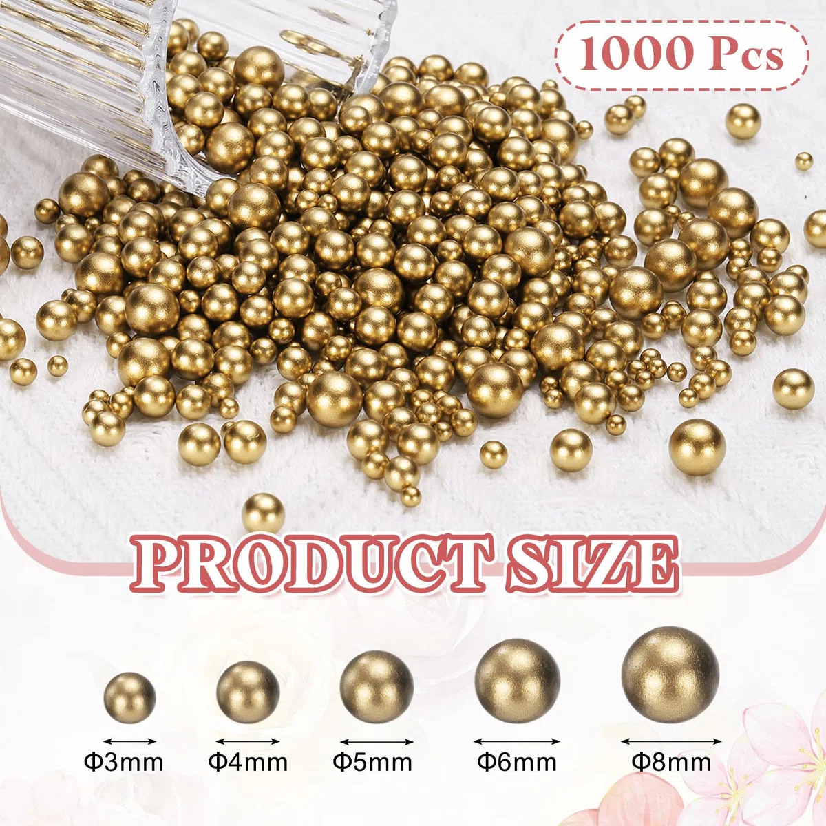 PATIKIL 1000 Pcs Perle Finte Senza Foro, 3mm 4mm 5mm 6mm 8mm Mini Perle Tonde Per Artigianato Gioielli Decorazioni Unghie Riempimento Vasi Compleanni Matrimoni Feste, Oro Scuro
