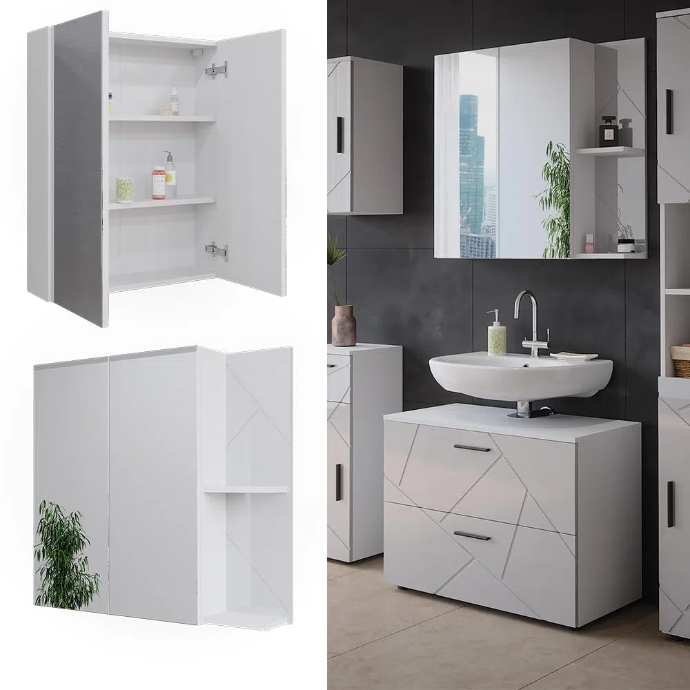 Vicco Mobile a specchio per il bagno Irma, Bianco/bianco lucido, 80 x 75 cm, per montaggio a parete con ripiani aperti e specchio