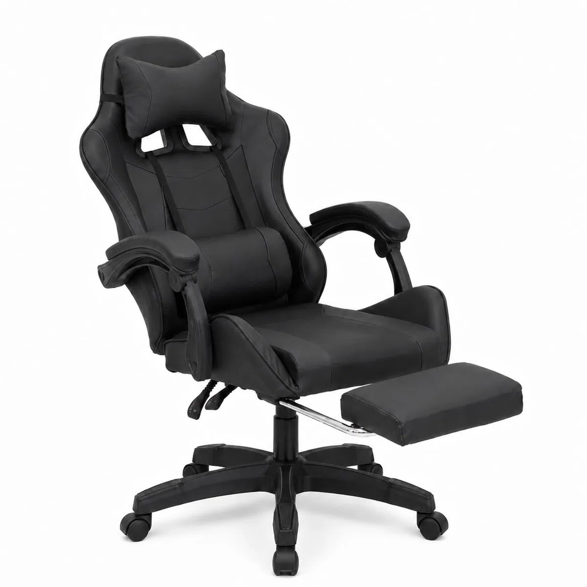 GARDENIA Poltrona Gaming Nera in Ecopelle, Sedia da Gaming Ergonomica con Seduta Imbottita, Schienale Reclinabile, Poggiapiedi Estraibile, Cuscino Lombare e Ruote in Nylon
