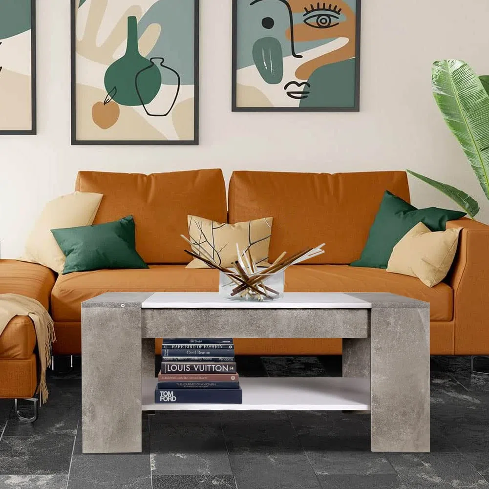 BAKAJI Tavolino Divano Tavolo Caffè da Salotto Rettangolare Design Moderno in Legno MDF con Ripiano Inferiore e Cassetto a Scomparsa Dimensione 100 x 58 x 44 cm Colore Grigio Effetto Cemento