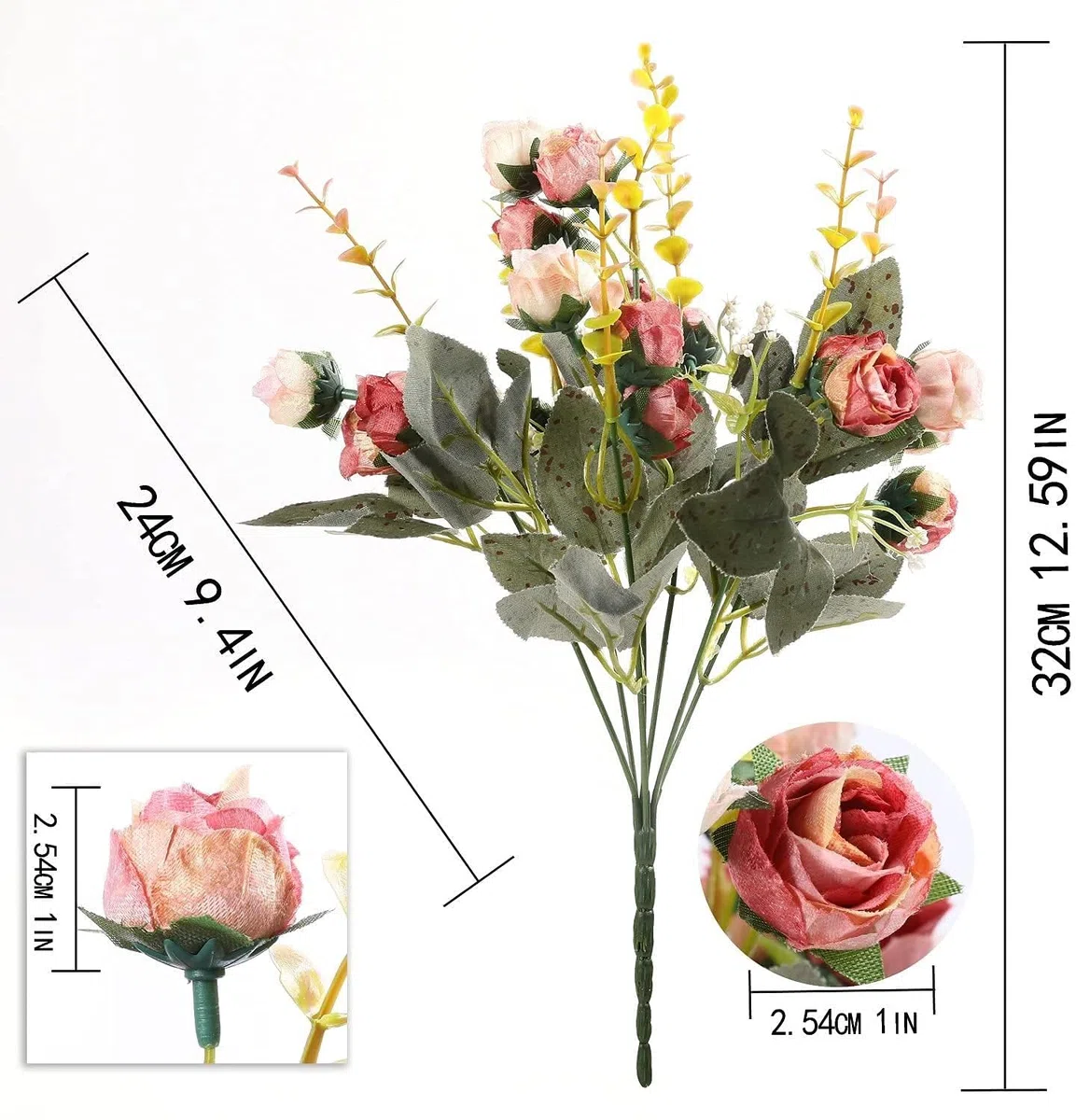 Fiori Finti per Decorazioni, 21 Teste Di Foiri Artificiali, 2 Bouquets Fiori Artificiali per Decorazioni, Matrimoni e Abitazioni, Fiore Finto per Cimitero (Rosso Rosa)