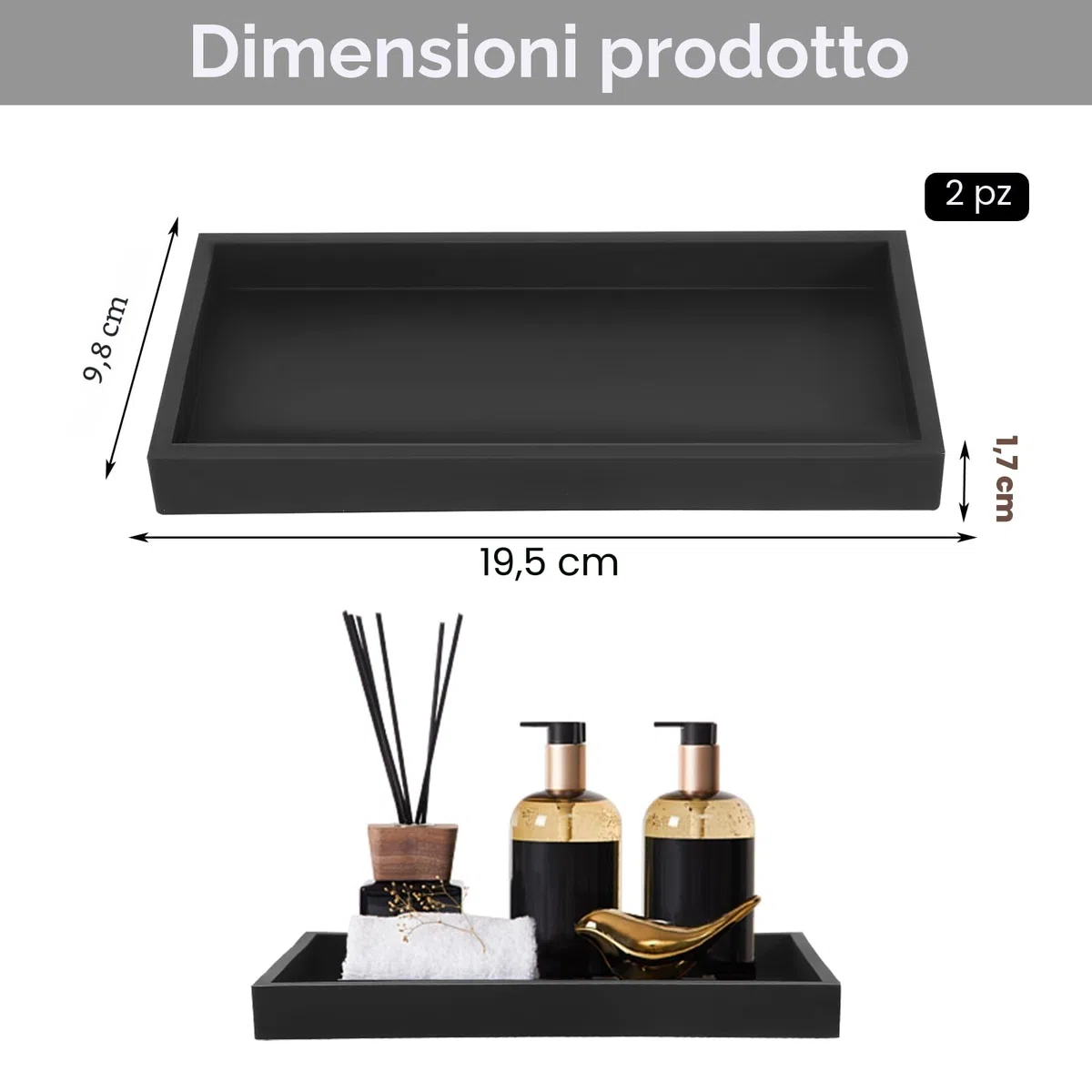 2 Pezzi Vassoio Decorativo Portaoggetti Nero per Vanità, Vasca da Bagno, Lavello Della Cucina E Bagno