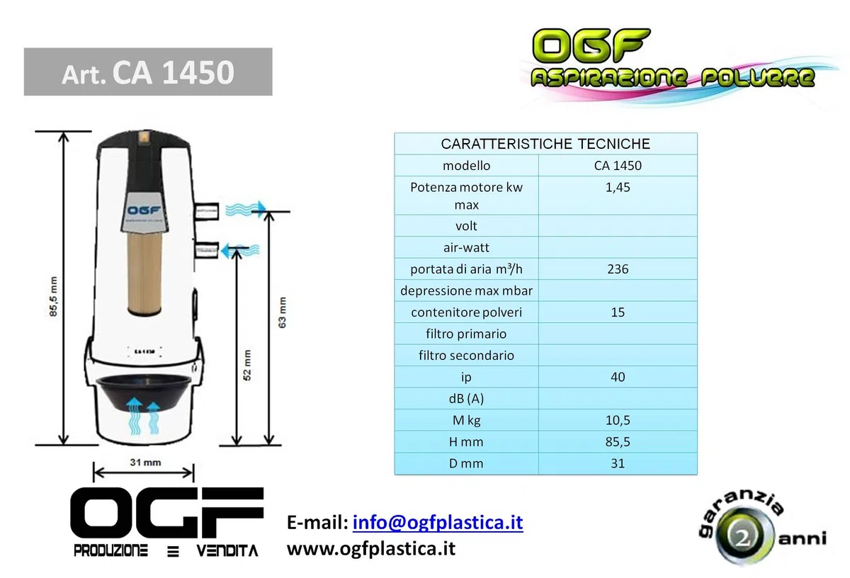 CENTRALIZZATO MONOFASE BIANCO - ASPIRAPOLVERE CENTRALIZZATO CA 1450 CON SOFT START E VALVOLA ROMPIVUOTO