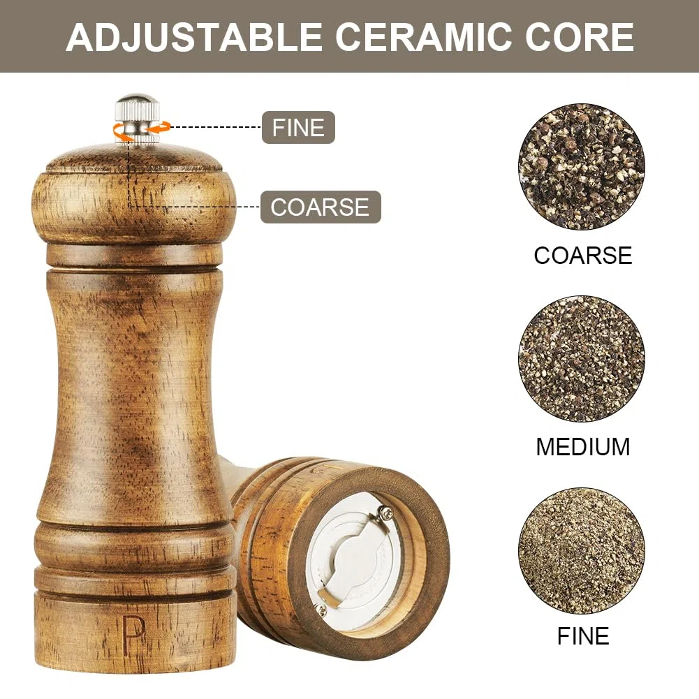 Vicloon Macina Pepe Sale, Macina Pepe in Legno, Macinapepe Manuale con Ruvidità Regolabile Perfetta Conservazione di Sale e Pepe, Sale Marino, Pepe in Grani