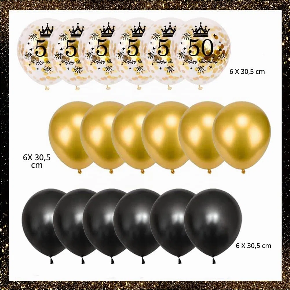 Palloncini 50 Anni Compleanno per Uomini e Donne, Oro Nero Happy 50th Birthday Striscione Oro Nero Palloncini con Coriandoli Fuochi D'artificio Striscione Bandiera Triangolare
