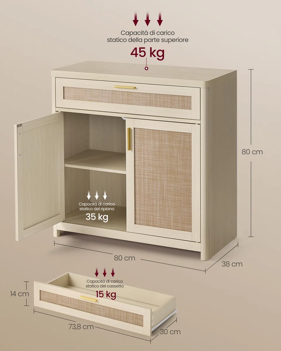 VASAGLE ELLAN Collezione - Credenza in Stile Boho con Ante Effetto Rattan, Mobile da Cucina, Angoli Arrotondati, Ripiano Regolabile, Cassetto, Sala da Pranzo, Beige Naturale BBK601LC01