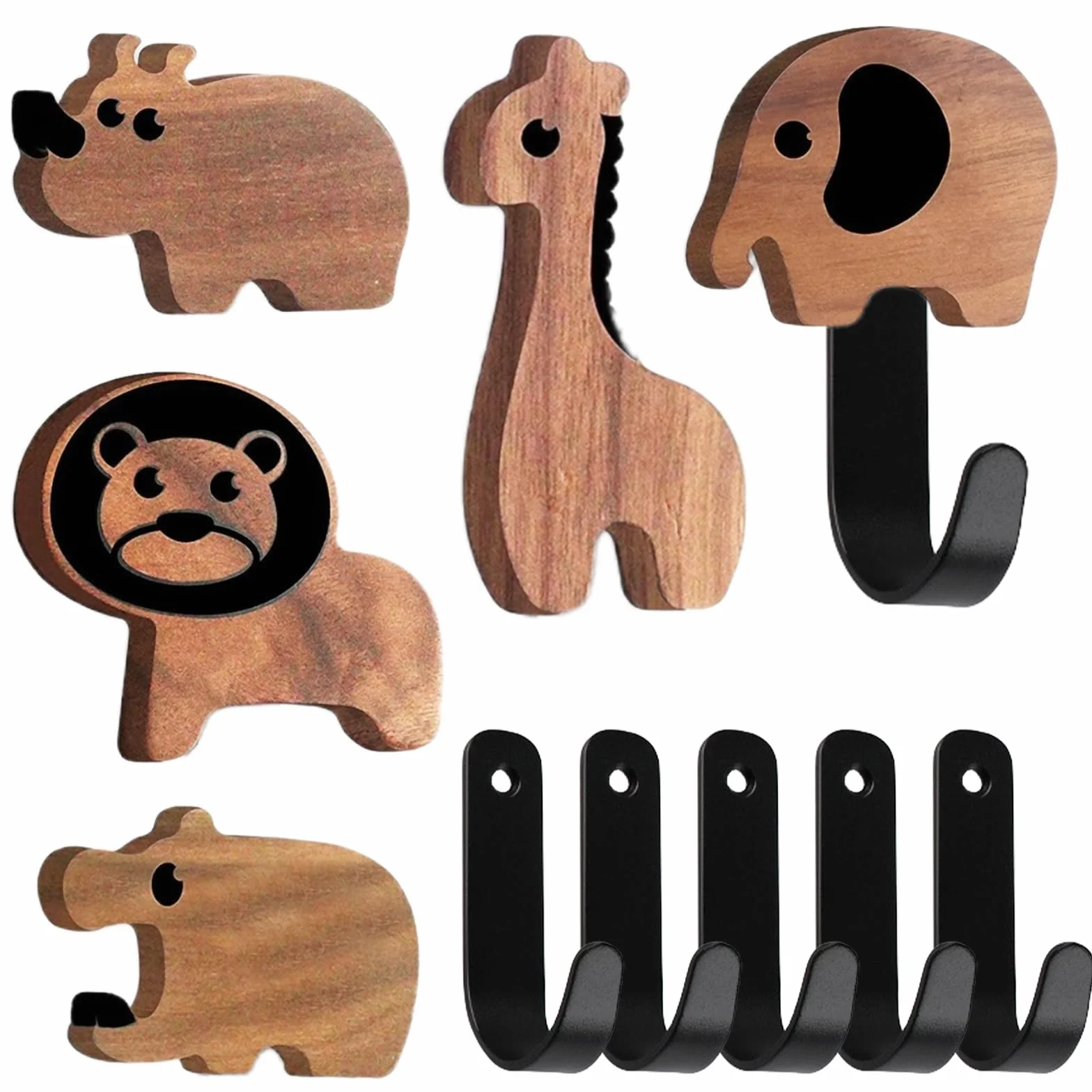 5 ganci appendiabiti a forma di animale: appendiabiti per bambini in legno di noce, appendiabiti da parete con viti, appendiabiti per bambini, per camera da letto, bagno, guardaroba