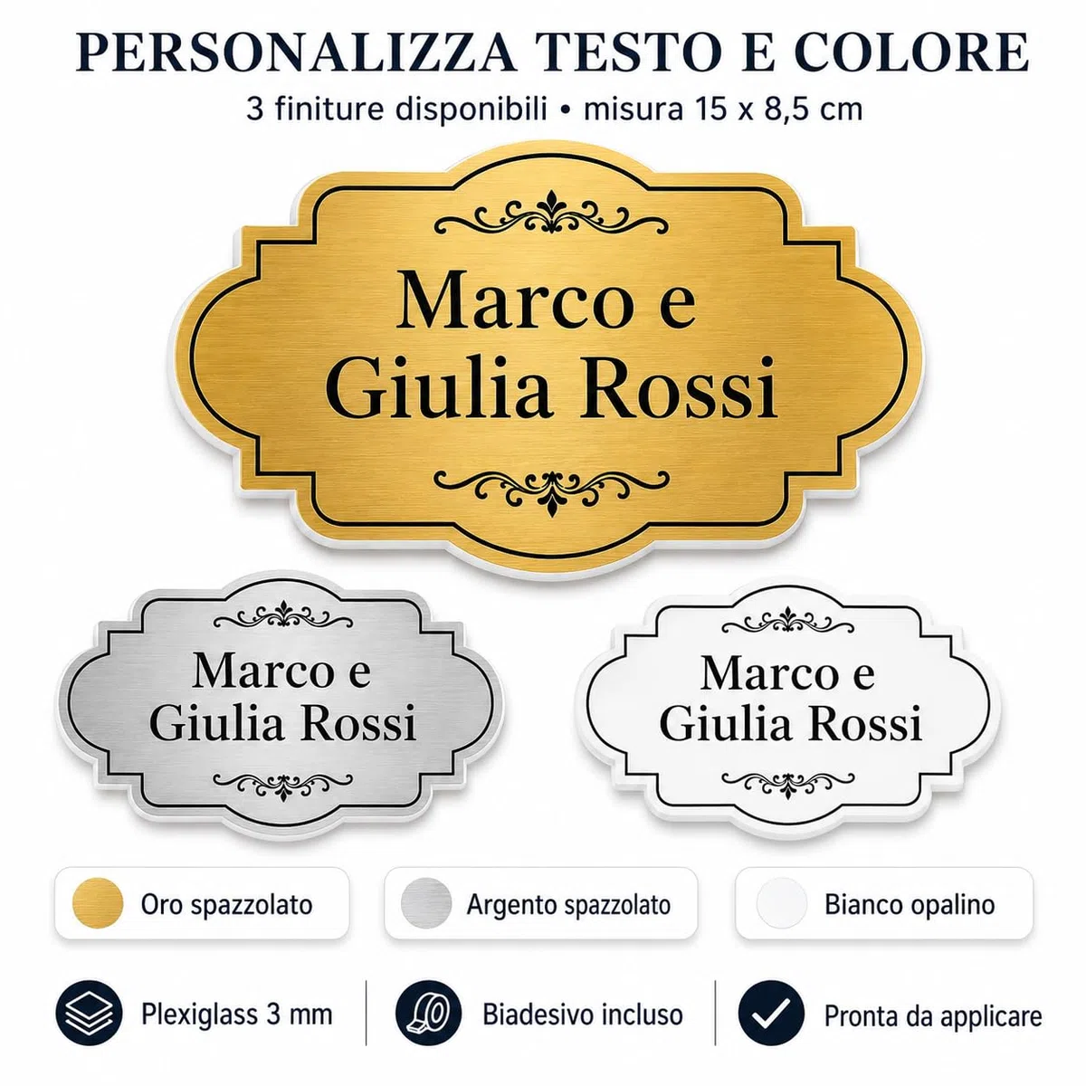 Targa Porta Ingresso Personalizzata in Plexiglass, Targhetta Adesiva Fuori Porta Casa con Nomi Famiglia, Biadesivo Incluso, Sfondo Oro Argento Bianco, Decoro a Scelta