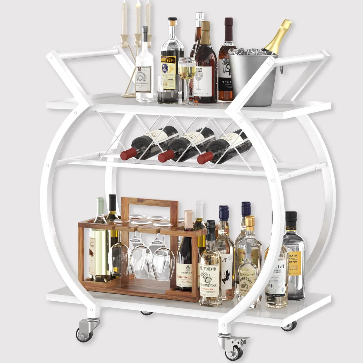 LVB Carrello Portabevande Bianco, Carrello Bar Moderno con Ruote, Mobile per Vino/Cucina, Design Elegante con Ripiano, Adatto a Soggiorno o Dining