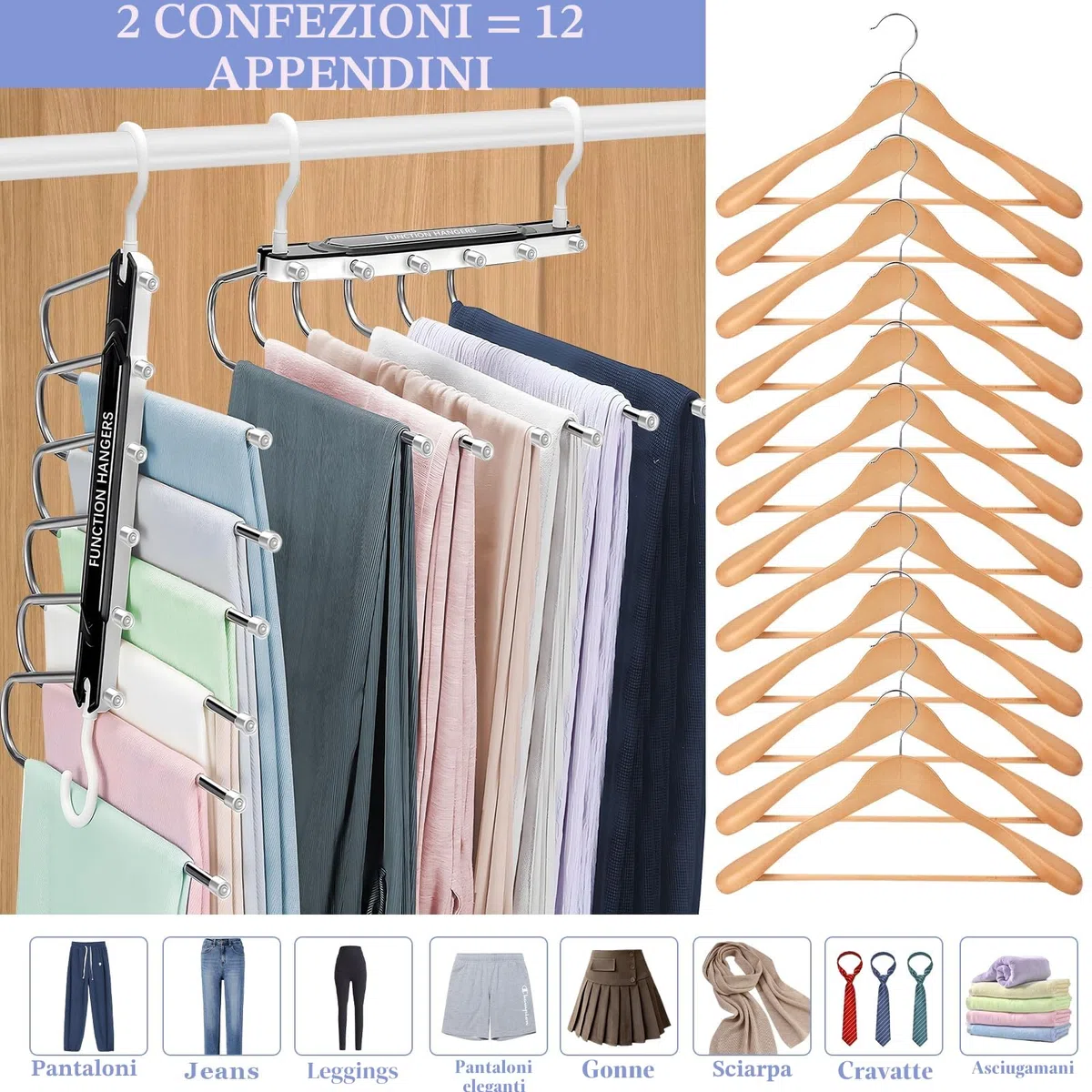 MOYKSRR 6 in 1 Grucce Pantaloni, 2 Pezzo Acciaio Inossidabile Grucce Pantaloni, Appendini Salvaspazio Armadio, Appendini Portatili Multifunzionali Adatto per Pantaloni, Jeans, Sciarpe, Gonne