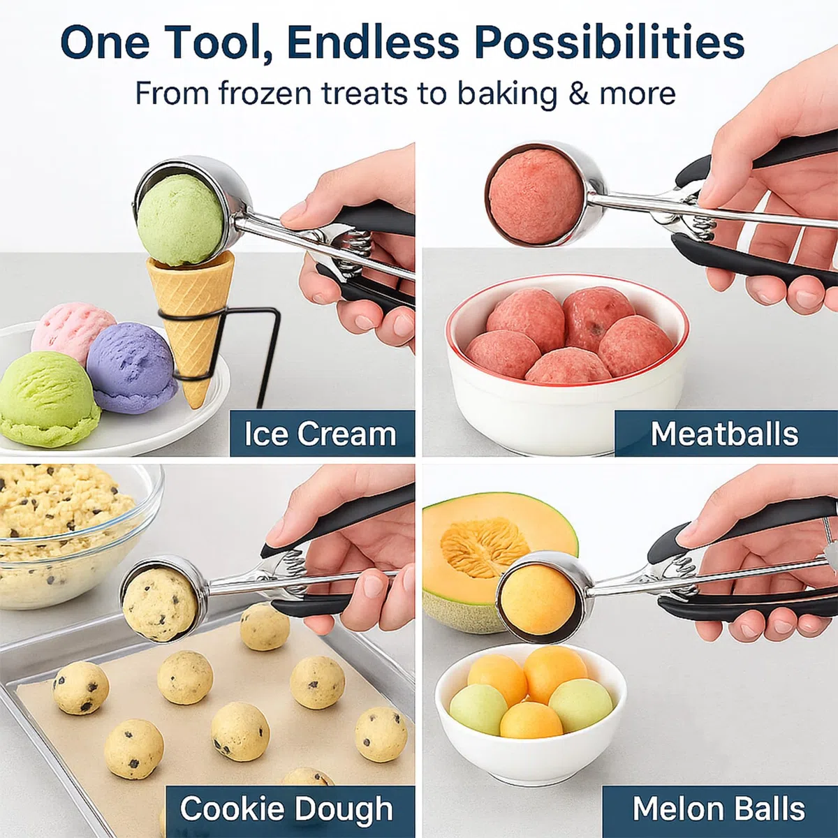 Cucchiaio Gelato Acciaio Inox 304, 5cm Porzionatore Gelato con Grilletto, Paletta Gelato per Biscotti, Torte, Melone, Polpette, Frutta, Impasto (Nero)