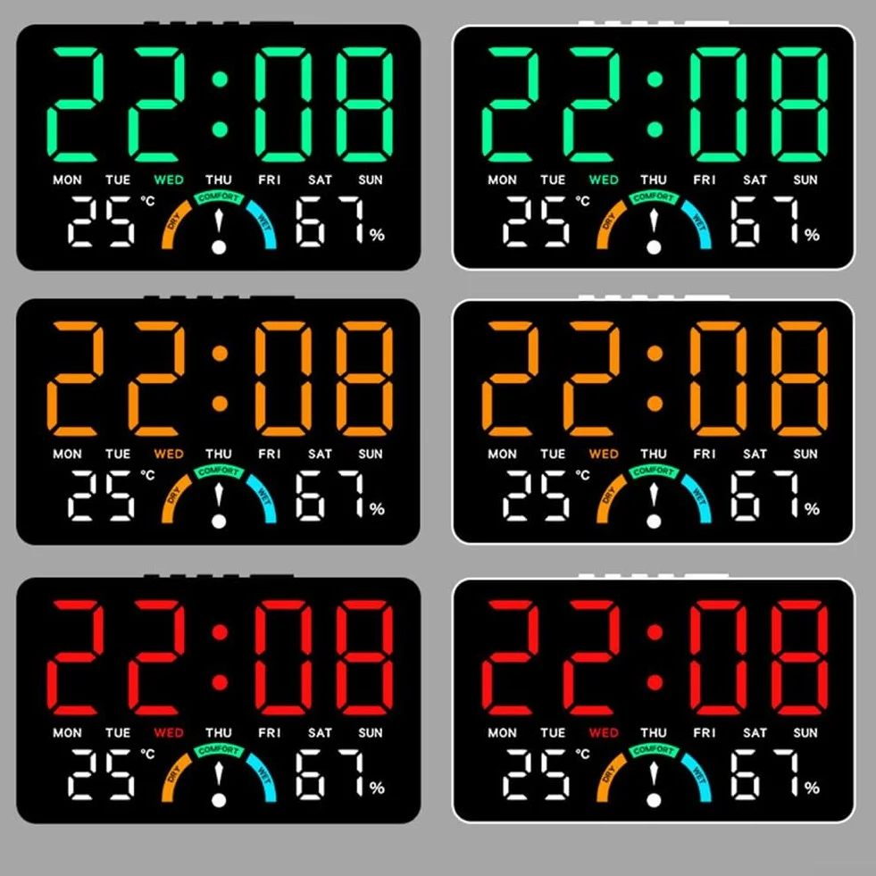 Grande orologio digitale a LED con ora, umidità, temperatura, data, sveglia e indicatori di livello di comfort, progettato per appendere alla parete o da installare in piano (bianco)