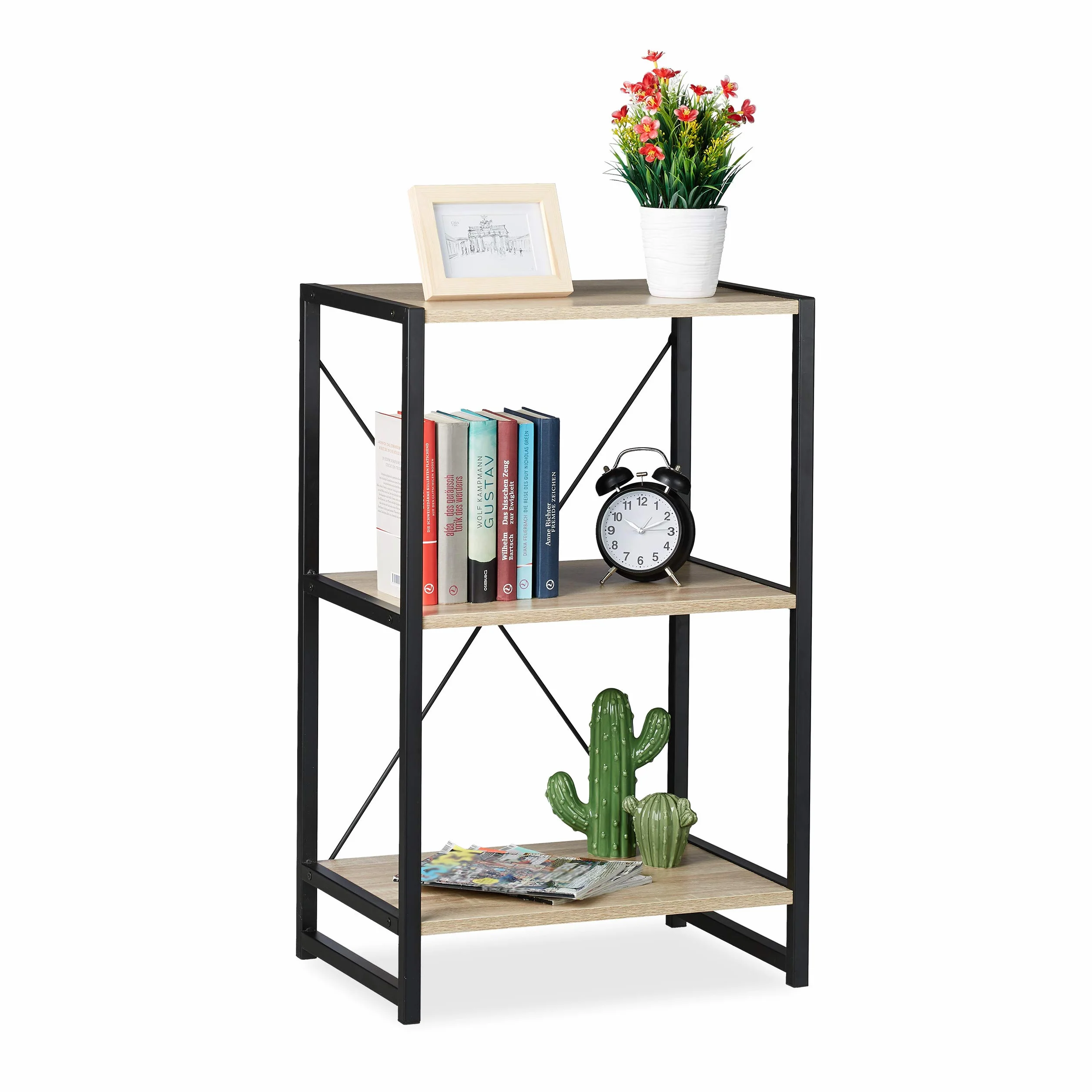 Relaxdays Scaffale in Legno Stile Industrial, Libreria Piccola con 3 Ripiani HLP: 80x50x35cm in Rovere/Metallo, Marrone