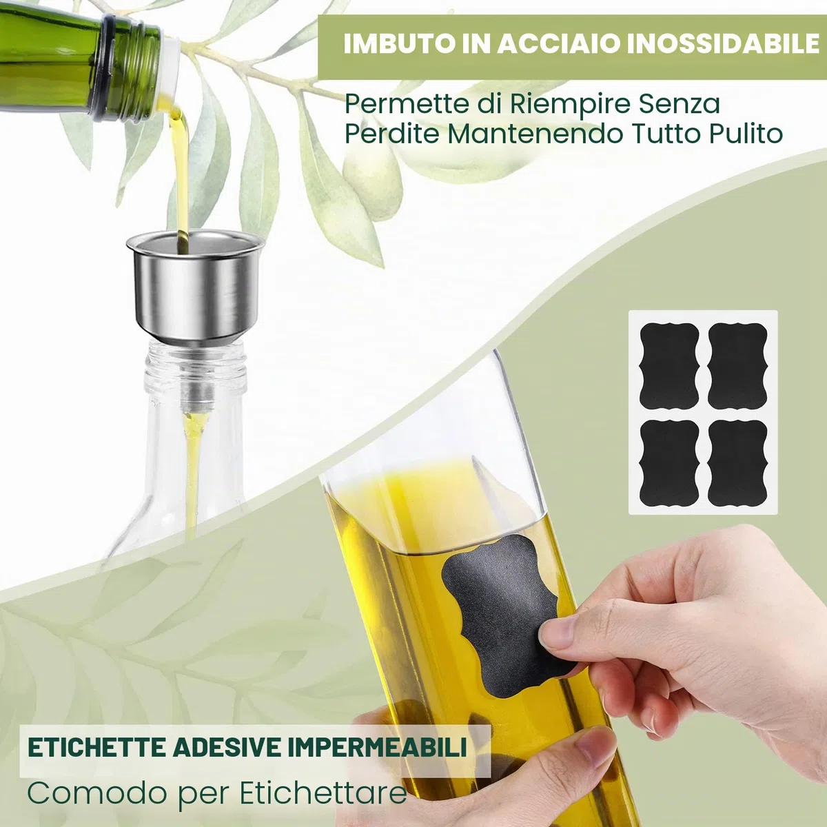 Bottiglia d'olio, 2 confezioni da 500 ml, set di dispenser per aceto e olio, bottiglia di olio d'oliva, contenitore con imbuto copertura antivegetativa di vetro per cucina e barbecue