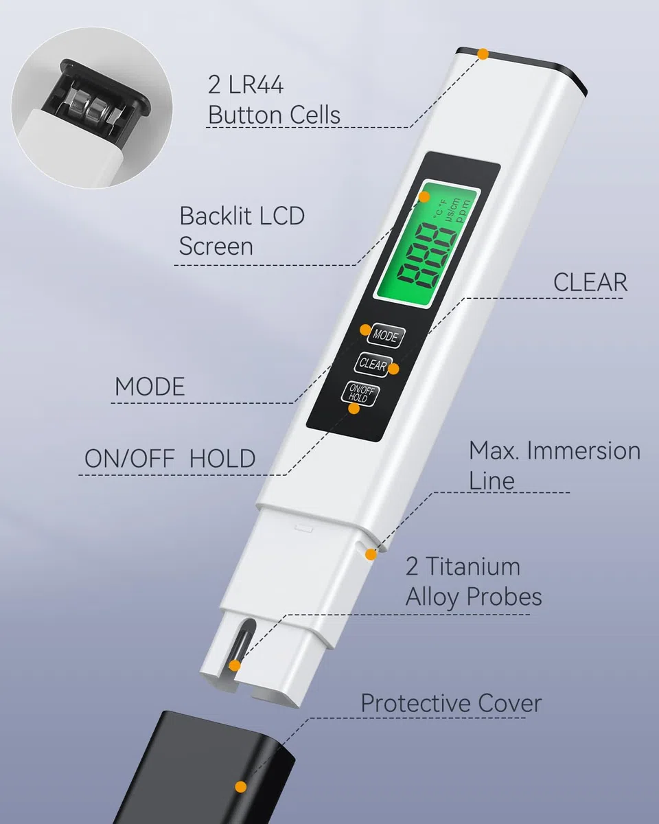 Pawfly 3 in 1 TDS Tester digitale dell'acqua, misuratore temperatura TDS EC (℃/℉), misuratore test dell'acqua rapido preciso, tester della qualità dell'acqua 0 a 9999 ppm, acquario piscina potabile