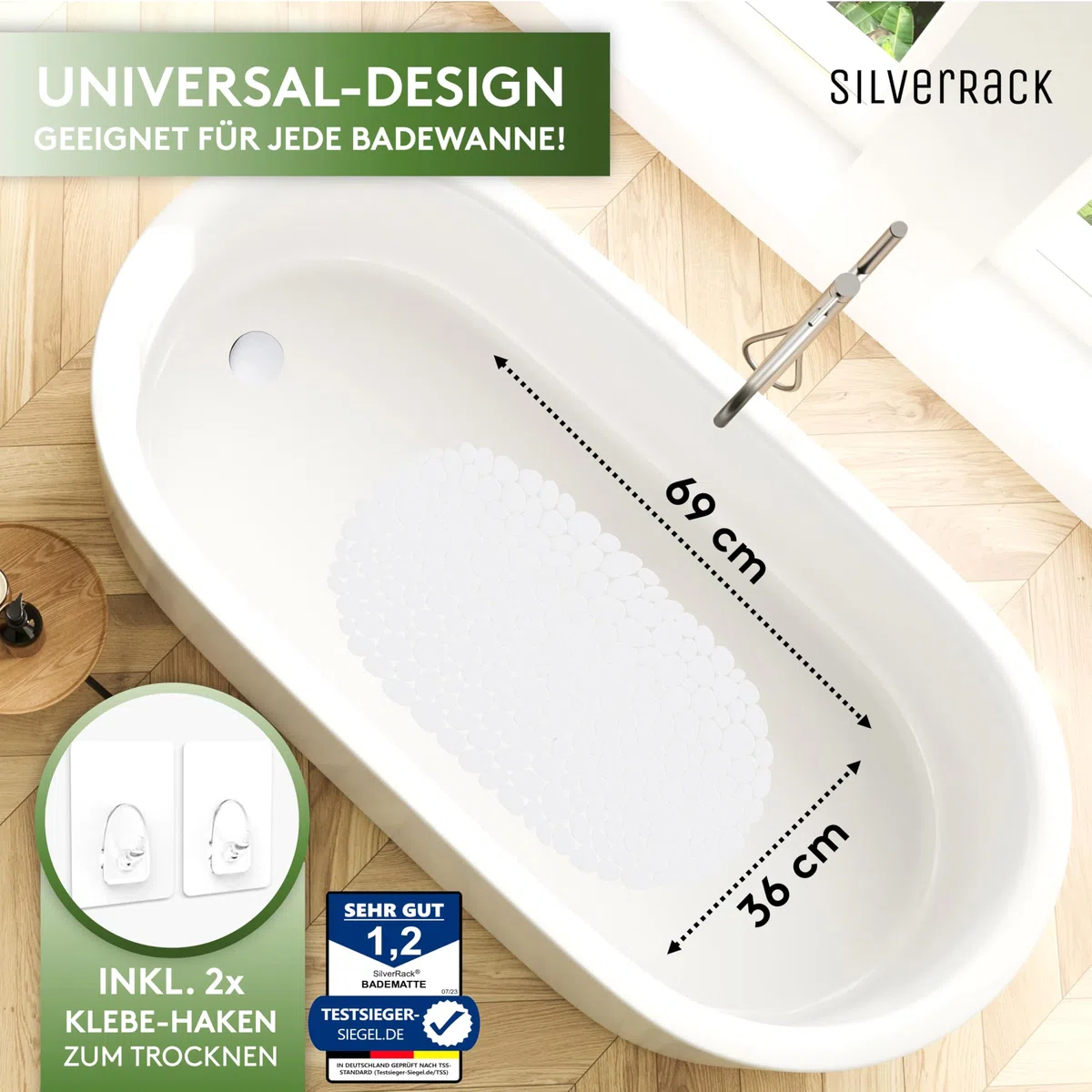 SilverRack Tappetino da bagno 69 x 36 cm (bianco effetto pietra), antiscivolo, vasca da bagno, senza BPA, resistente alla muffa e lavabile in lavatrice, tappetino da bagno antiscivolo