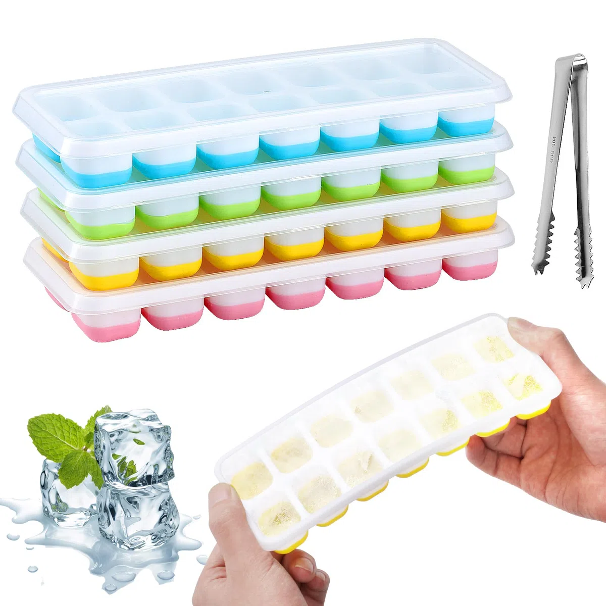 4 vassoi per vassoi per cubetti di ghiaccio in silicone con coperchi, vassoi per cubetti di ghiaccio impilabili senza BPA per cubetti di ghiaccio. Viene fornito con pinze per cubetti di ghiaccio