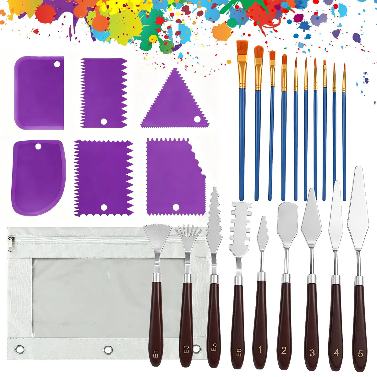 Coltello da pittura, spatola per pittura acrilica, set di spatole 25 pezzi accessori per pittura acrilica, 9 coltelli da tavolozza per pasta strutturale+10 set di pennelli per pittura+6 raschietti