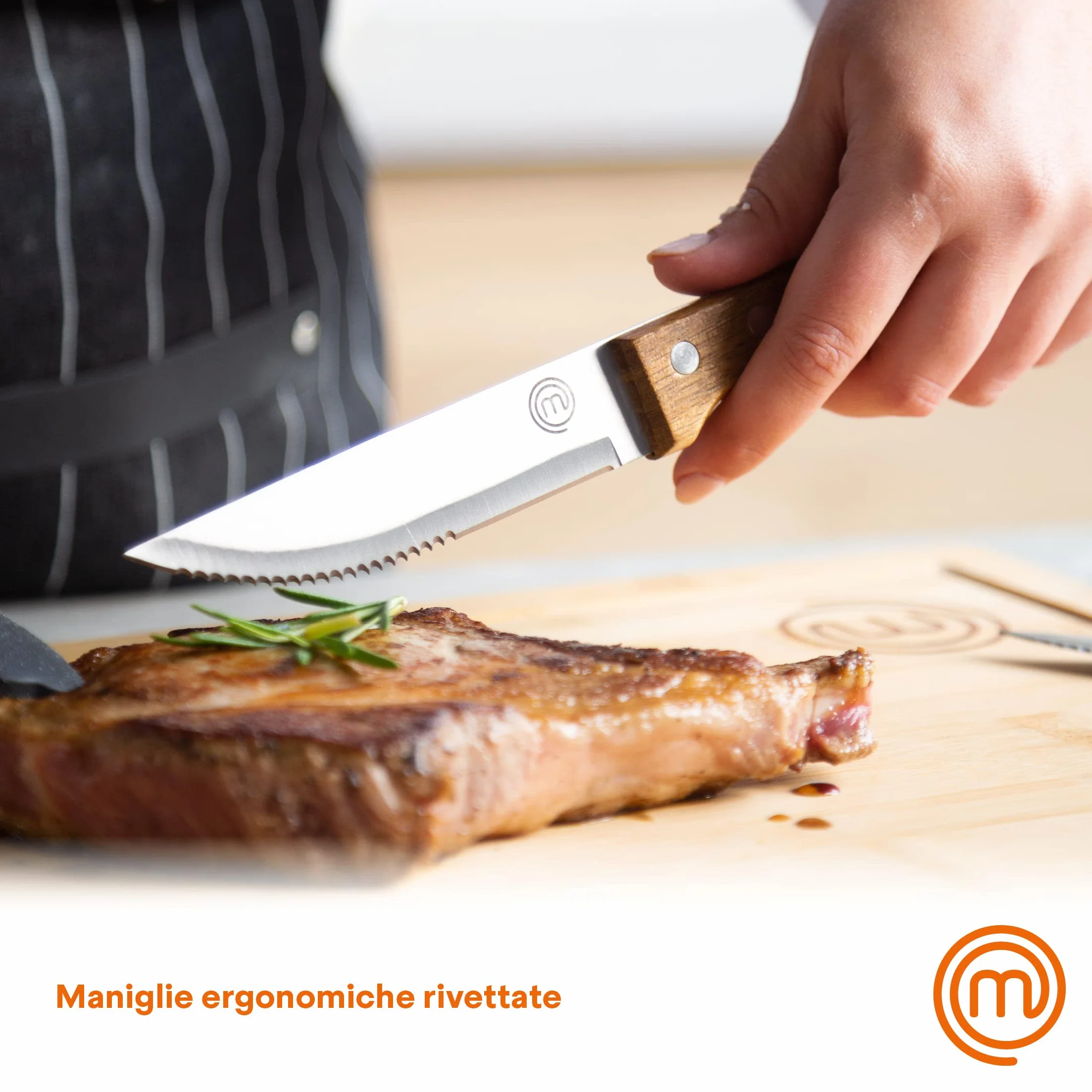 MasterChef Coltelli da Bistecca, Coltello Carne, Seghettato, Fiorentina Set da Cucina Professionali, Prova di Calore, Manici in Legno, Acciaio Inossidabile, Lavabile in Lavastoviglie, 4 Pezzi