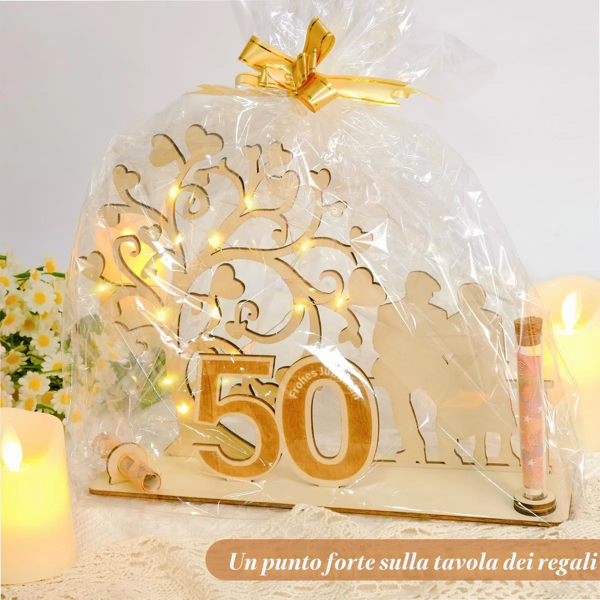 Regalo in legno per 50 anni di matrimonio, decorazione in legno con albero a cuore e LED, idea regalo per il 50° anniversario di matrimonio