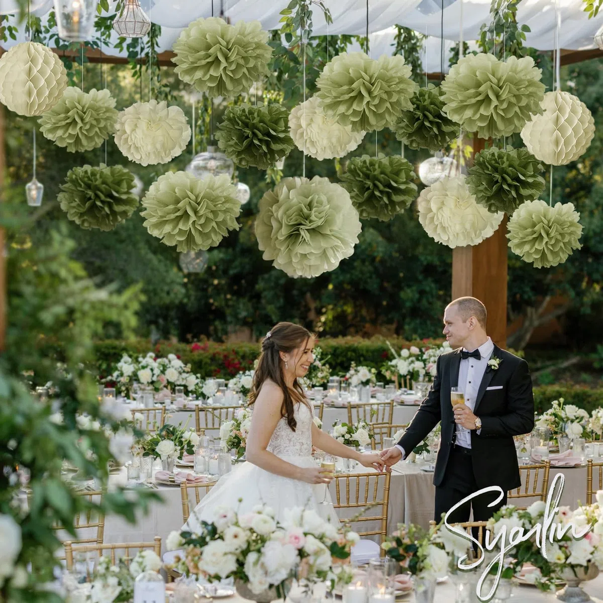 Syoulin Fiori di Carta Giganti [15Pezzi] - Decorazioni per Matrimonio, Battesimo, Compleanno, Giardino - Pon Pon in Carta Velina Floreale per Feste