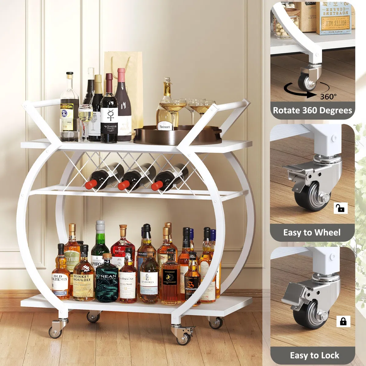 LVB Carrello Portabevande Bianco, Carrello Bar Moderno con Ruote, Mobile per Vino/Cucina, Design Elegante con Ripiano, Adatto a Soggiorno o Dining