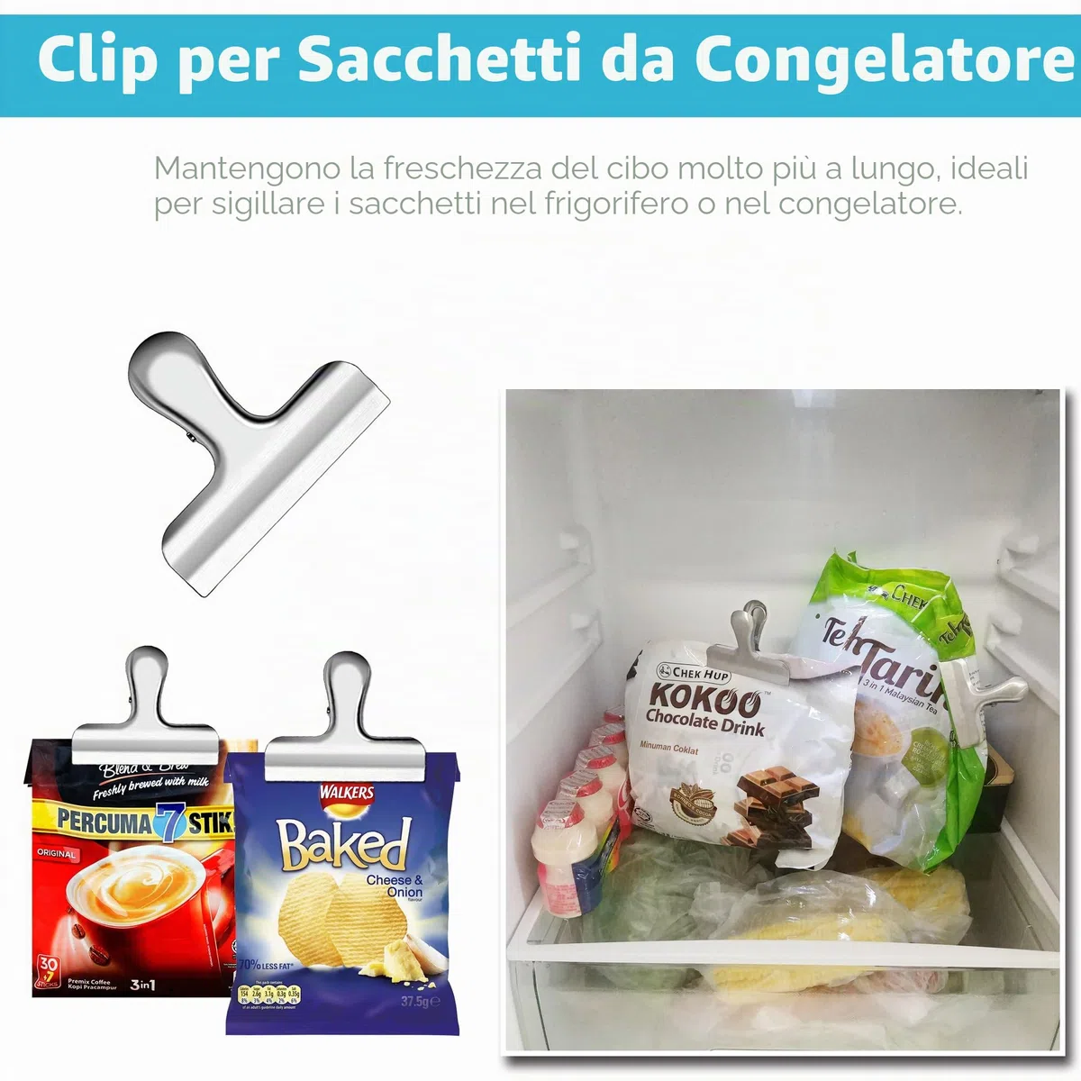 ipow 10pz Mollette Chiudi Sacchetti Mollette Cucina Mollette in Acciaio Inox Mantieni Cibo Fresco per Biscotti,caffè, Pane, Snack Bags ECC,Argento