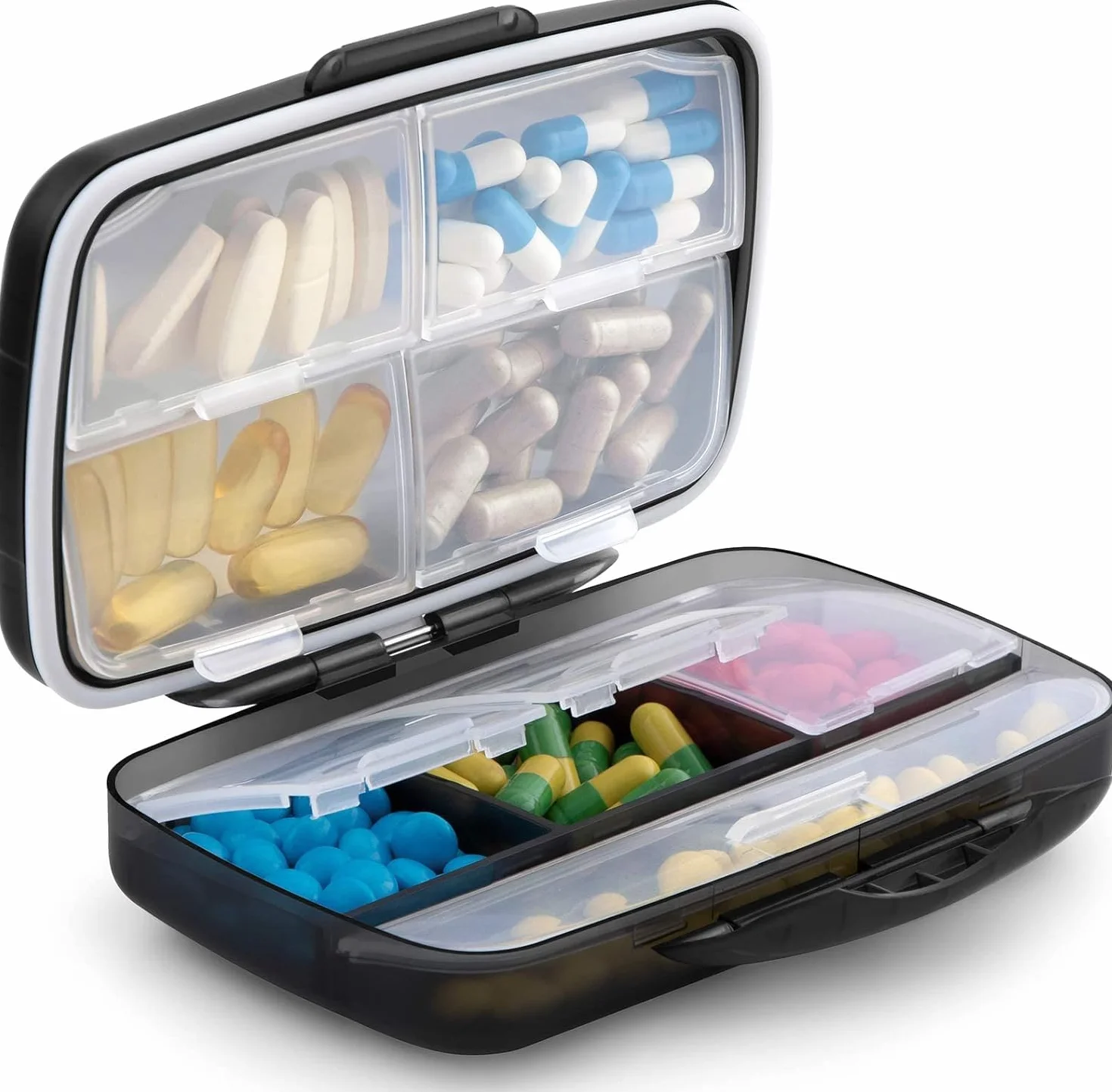 Fullicon - Portapillole da viaggio, grande, portatile, con 8 scomparti, contenitore per pillole e vitamine, ermetico e a prova di umidità (nero)