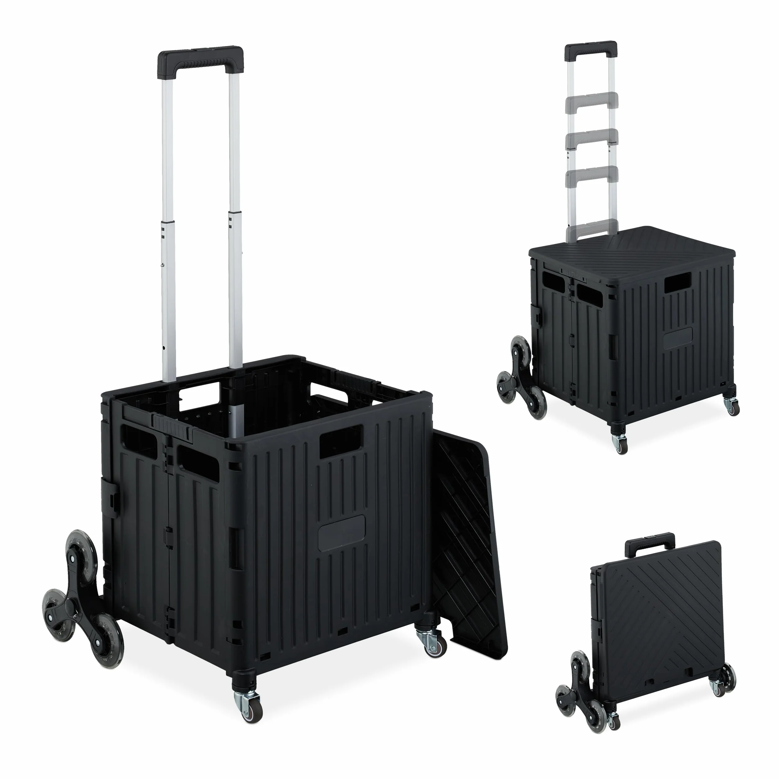Relaxdays Carrello per Spesa Montascale, 35 kg Carico, Manico e Coperchio, Carrellino Trolley Portaspesa Saliscale, Nero