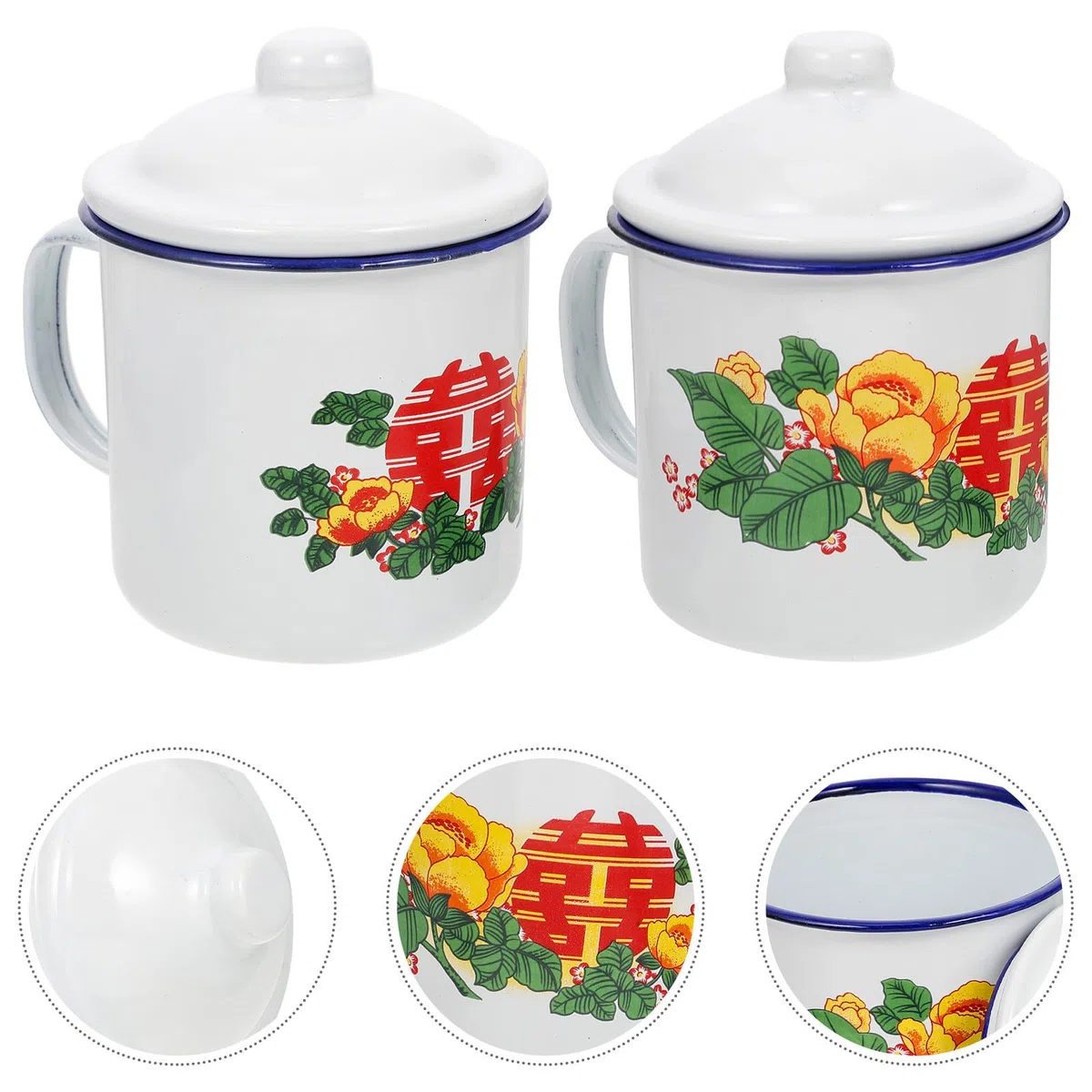 KICHOUSE Tazze da Tè Smaltate Vintage 500ml Coperchio, Set 2 Pezzi Tazza D’acqua Retrò in Smalto Rosso, Bicchieri per Uso Domestico e Feste, Design Artigianale Resistente e Base