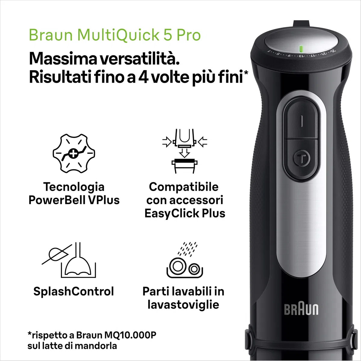 Braun Multiquick 5 Pro MQ55755M MINIPIMER CON 5 ANNI DI ASSISTENZA, 25 velocità di lavorazione, Antischizzo, 3 accessori, NUOVO ACCESSORIO ROBOT, 1000watt, Nero