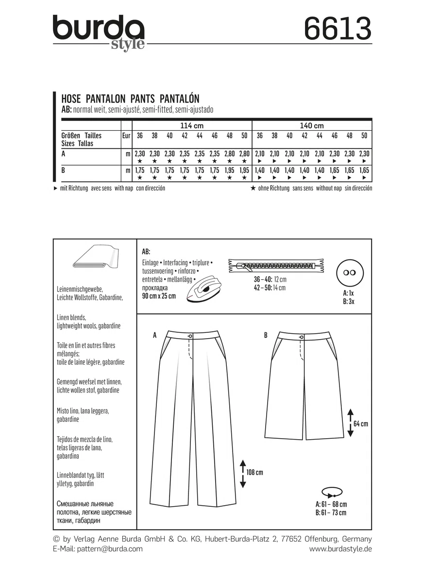 Burda B6613 - Cartamodello per Pantaloni e Bermuda di Carta, 19 x 13 x 1 cm, Colore: Bianco
