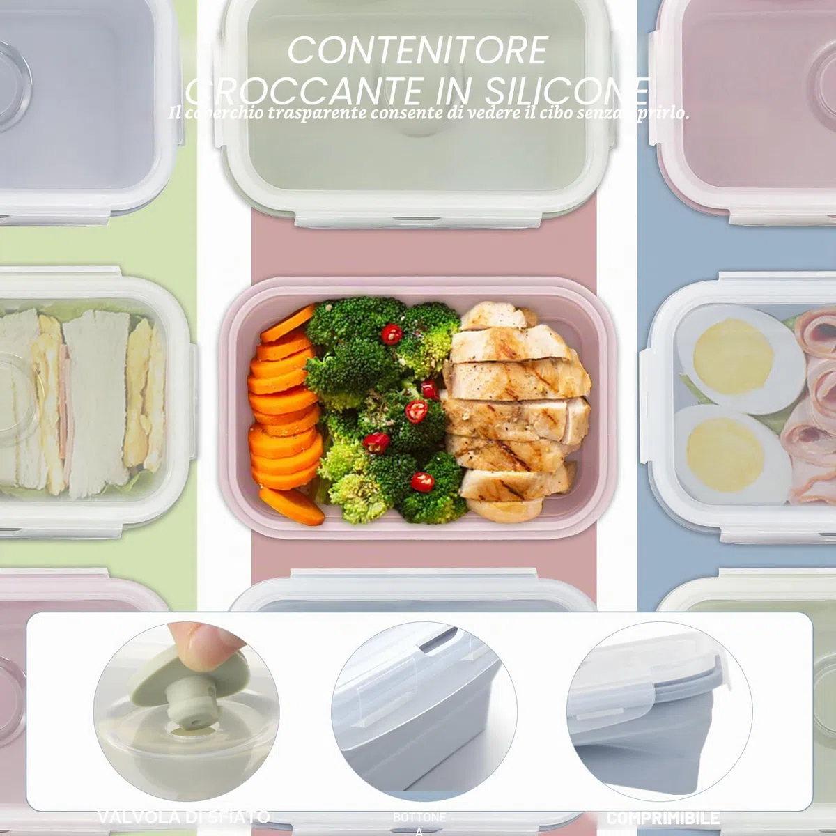 Pranzo del Silicone Contenitori Pieghevoli 3 Pezzi 550ML Pieghevole Lunch Bento Box per Lavastoviglie Congelatore Forno a Microonde