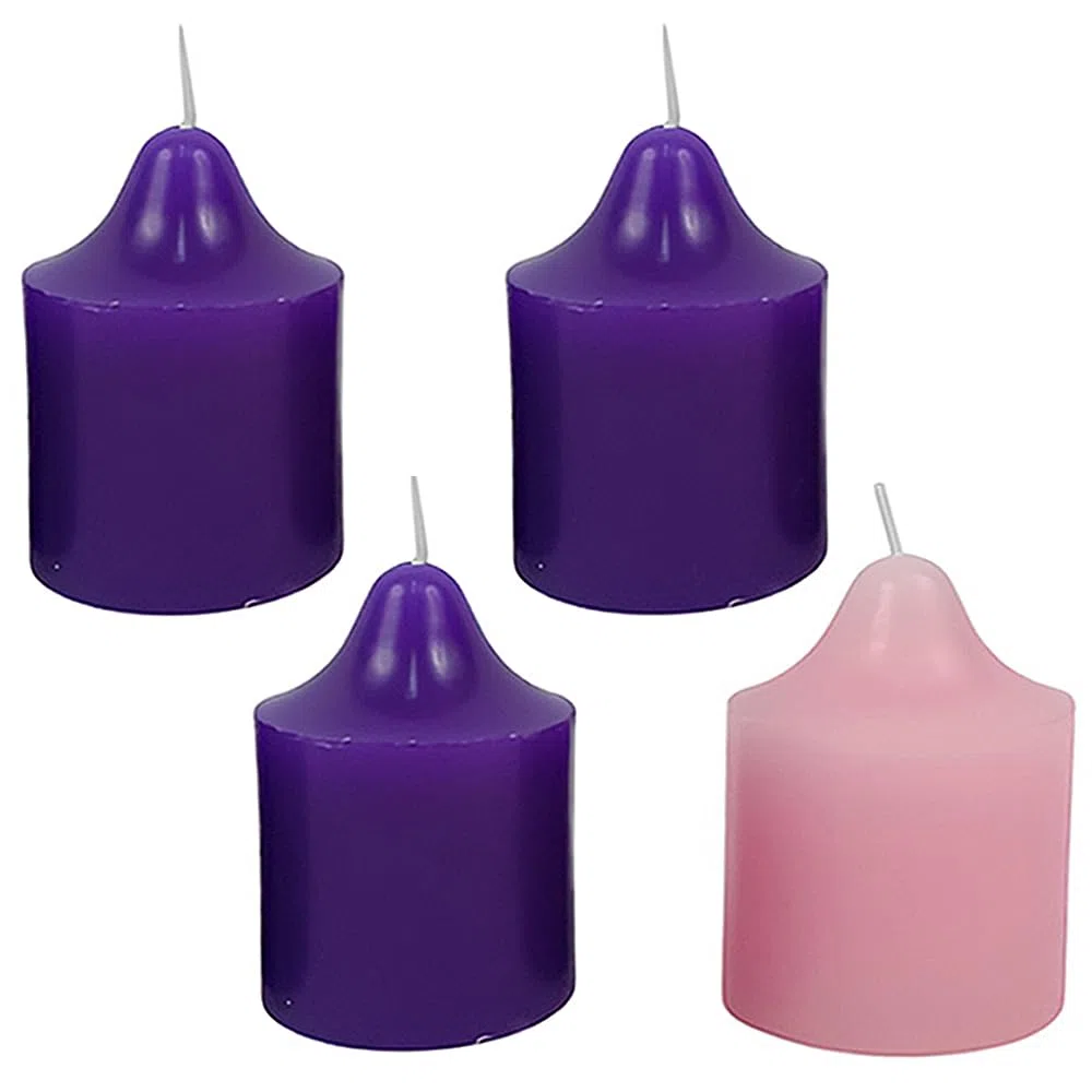 Set 4 Candele Avvento Cilindriche in Cera 3 Viola + 1 Rosa Candele Natalizie H 7.5 4 pezzi Colori Liturgici Tradizionali