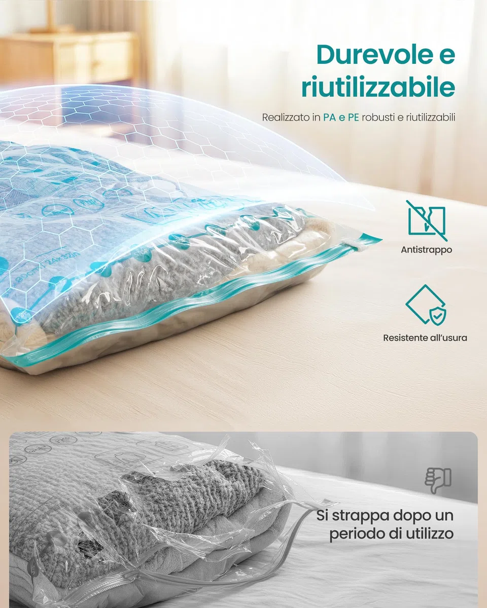 SONGMICS Sacchetti Sottovuoto, Sacchi Buste per Vestiti Lenzuola Armadi Viaggi, Compatti e Riutilizzabili, Pompa a Mano Inclusa, 8 Pezzi, 2M/3L/3J, Trasparente LVB105W101