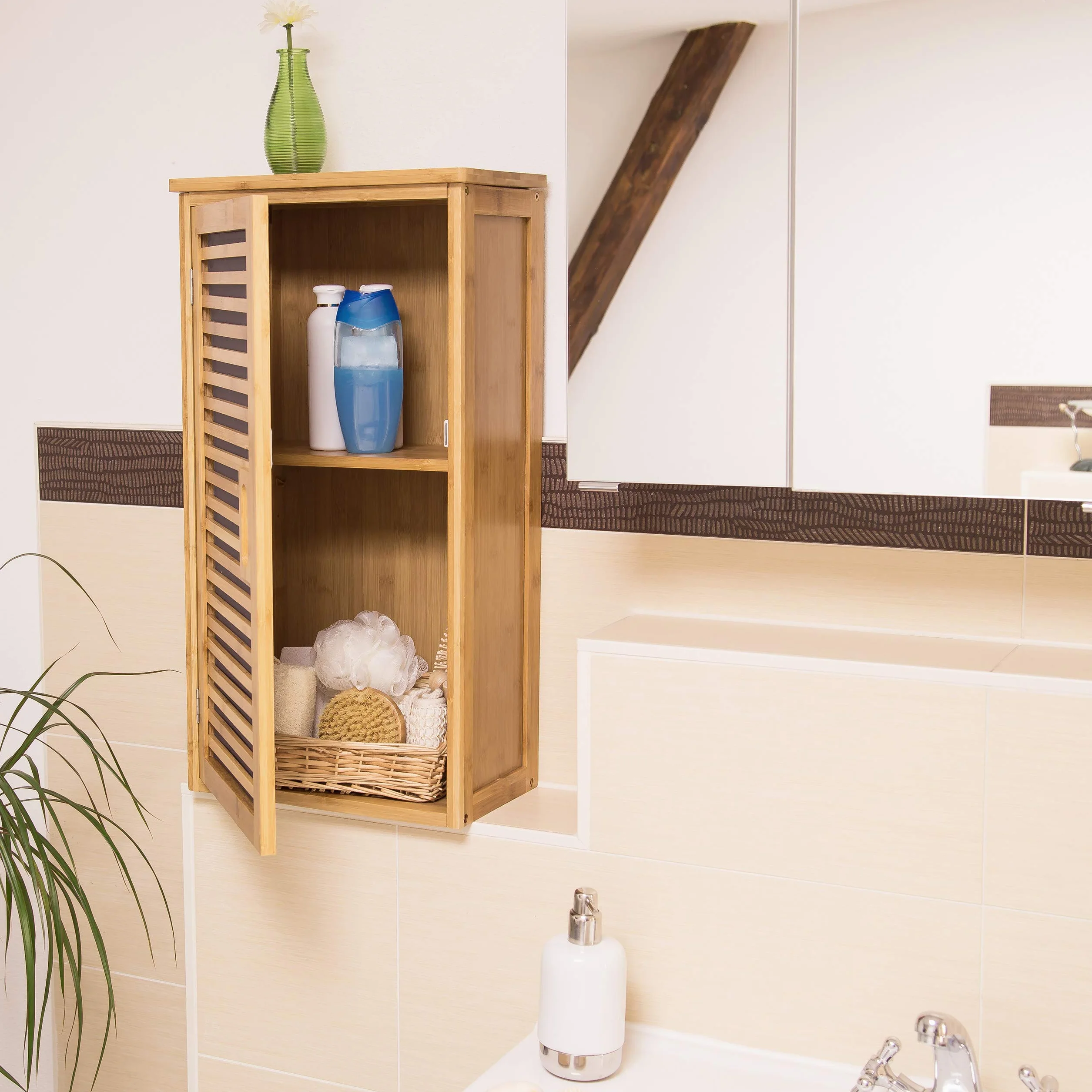 Relaxdays Armadietto da Parete per Il Bagno, Scaffale Appeso in bambù, 2 Ripiani, H x L x P: 66 x 35 x 20 cm, Naturale, Bambú, MDF, Marrone, 20x35x66 cm