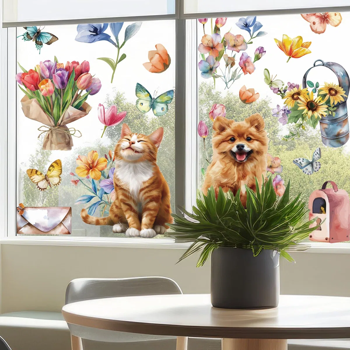 PLIGREAT 6 fogli Tulipano Fiori Finestra Aderisce Carino Cane Gatto Decalcomanie Finestra Farfalla Camion Carrello Adesivi Finestra Statica Rimovibile Decorazione Per Finestre Home Office